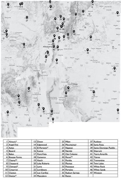 A terrain map of New Mexico with 47 pins marking post office projects spread across the state.