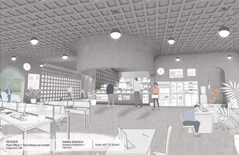 A digital access centre shares the main lobby of the post office. The enclosure is formed of a lightweight concrete waffle slab.

