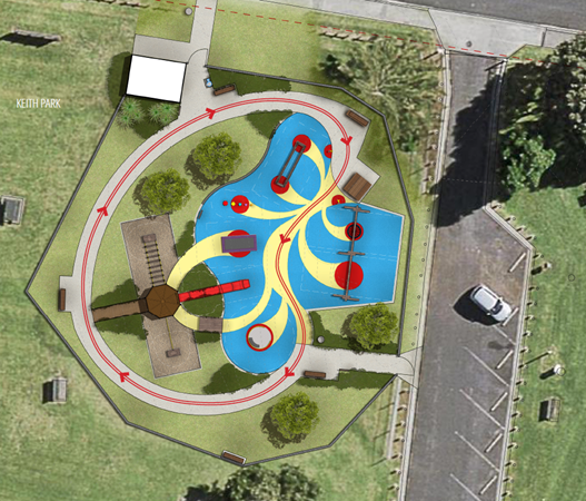 Keith Park design viewed from above. Highlighted route depicting the play circuit. Playgrounds primary colour palette of blue, yellow and red.