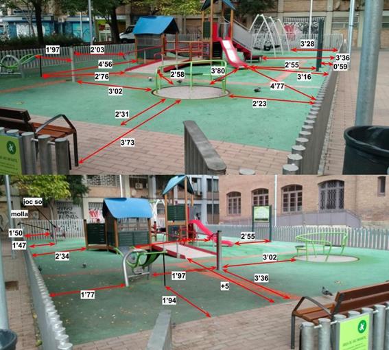 Figure 11: Photo of the children’s play area at the Jardins d’Elx. 2 perspectives of the playground equipment can be seen: a merry-go-round, a multi-game castle (house, slide, tactile panel, rocking horse, swing), with the distances marked out.
