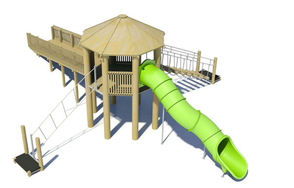 Rendering of the accessible 2m tall play tower. Three ways to ascend the tower, including a gentle gradient ramp and a large enclosed green slide to descend.