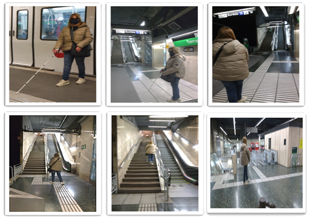 Figure 14. Set of 6 photos picturing a blind person who follows the example itinerary, from the Metro platform to the exit. 
